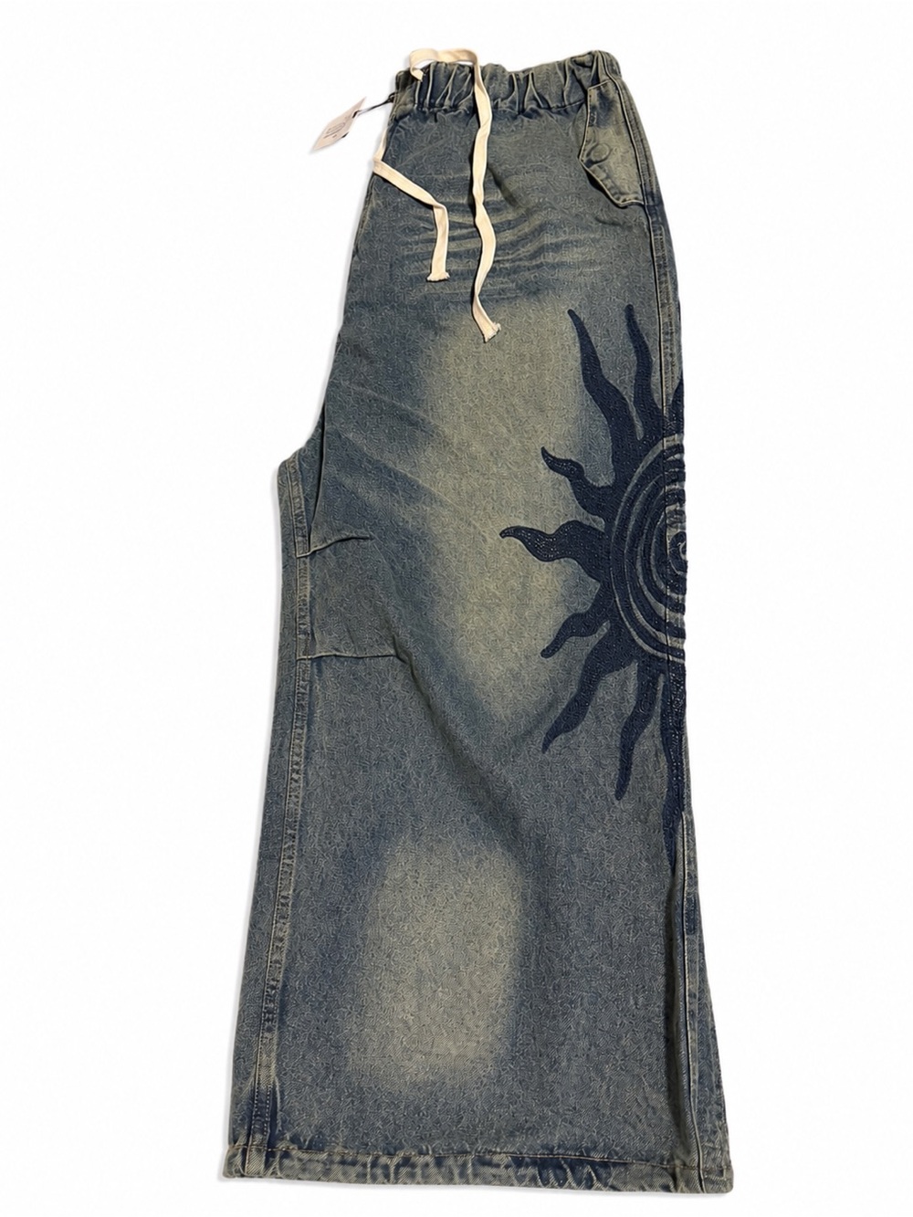 Denim Wide Leg Jeans with Sun Graphic and Drawstring Waist